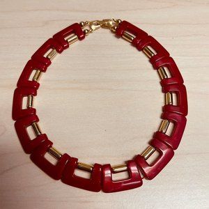 Vintage Chunky Cherry Red Lucite and Goldtoned Choker Necklace